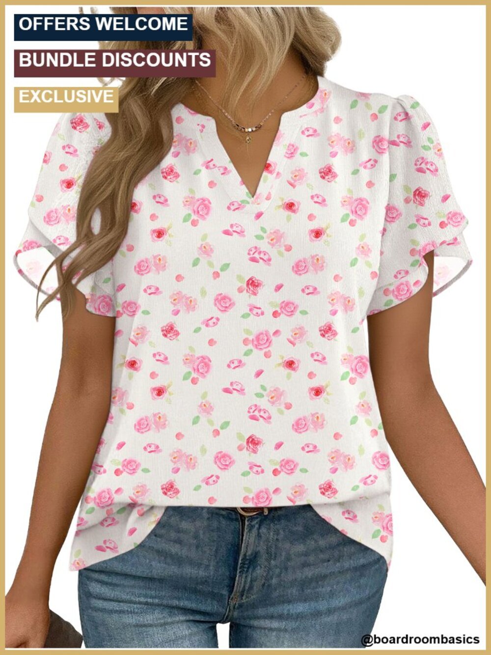 Womens Blouse V Neck Short Sleeve Petal Sleeve Flowy Work Business Casual Top - Picture 6 of 6